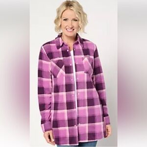 D&Co printed fleece purple Plaid Button-Up Shacket NWOT Sz:L